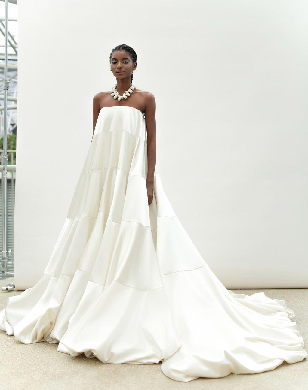 Strapless Satin Tiered Wedding Gown, Minimalist Voluminous Bridal Dress