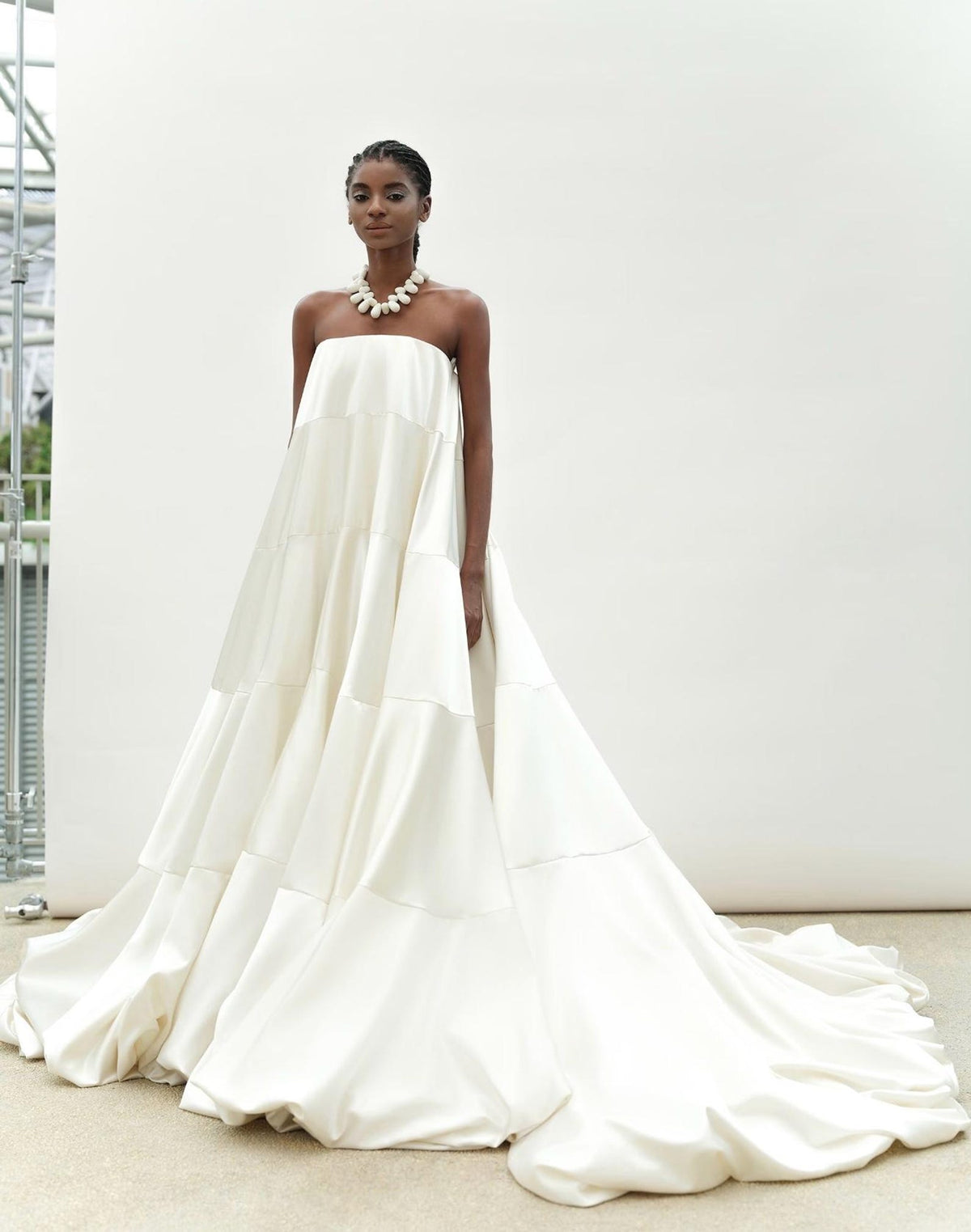 Strapless Satin Tiered Wedding Gown, Minimalist Voluminous Bridal Dress