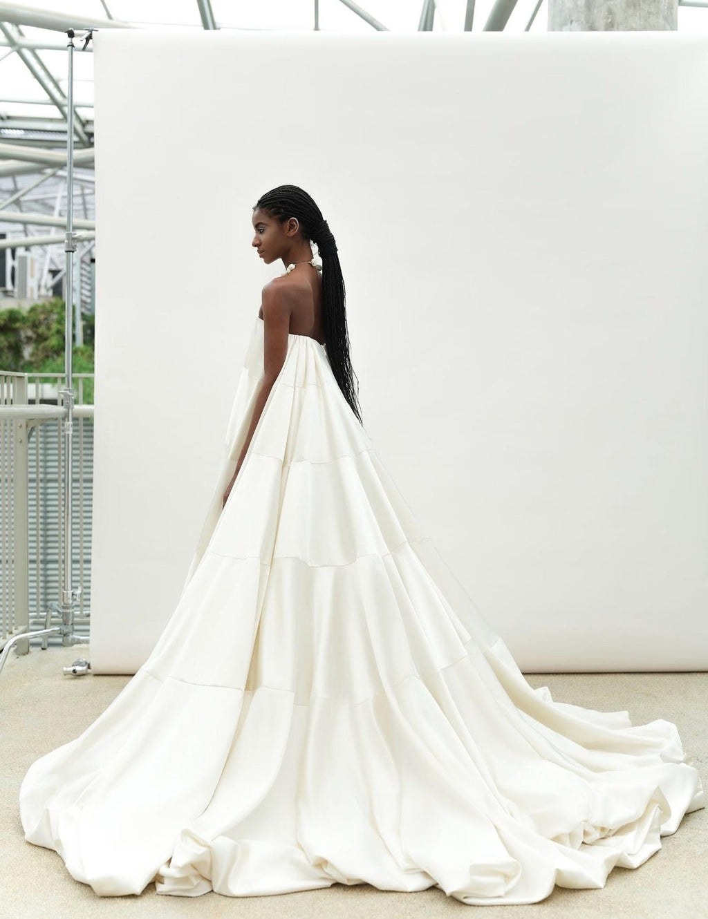 Strapless Satin Tiered Wedding Gown, Minimalist Voluminous Bridal Dress