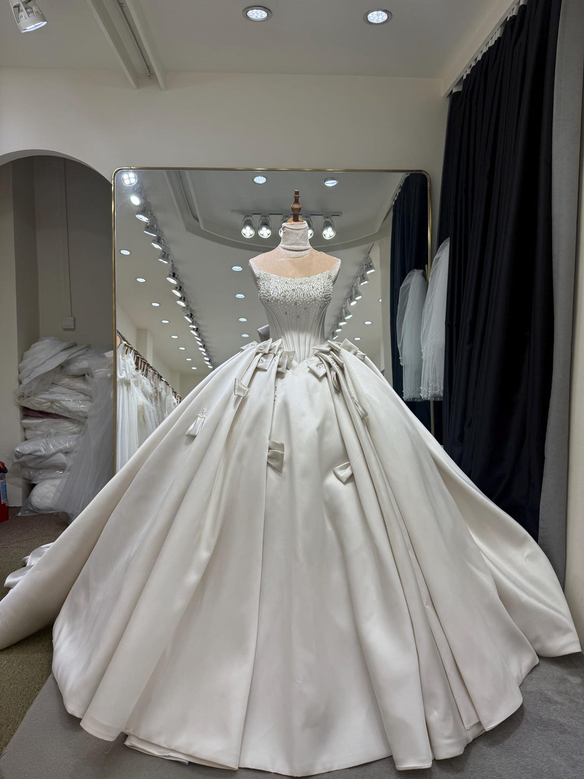 Strapless Satin Ballgown Wedding Dress, Beaded Corset Bridal Gown, Bow Details Luxury Wedding Gown, Princess Wedding Dress with Train