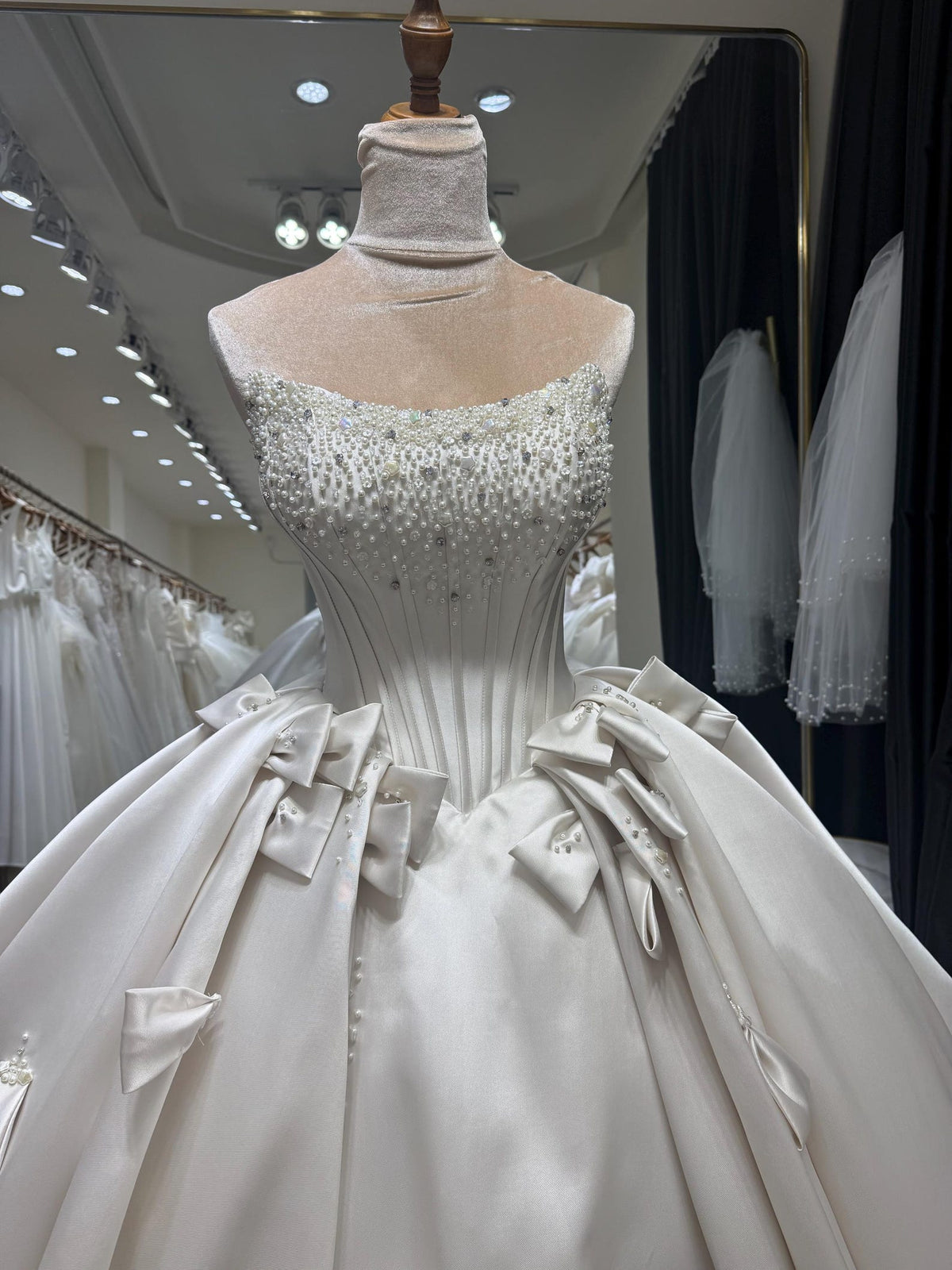 Strapless Satin Ballgown Wedding Dress, Beaded Corset Bridal Gown, Bow Details Luxury Wedding Gown, Princess Wedding Dress with Train