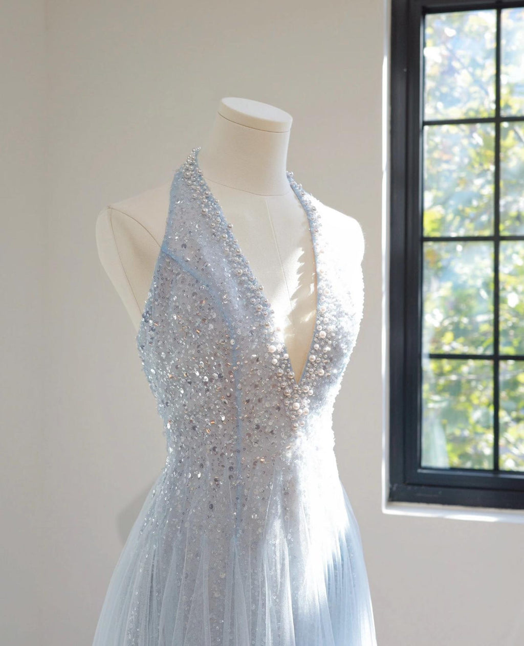 Light Blue Halter Tulle Evening Gown, Sparkle Beaded Deep V Formal Dress, Fairy Prom Dress, Wedding Guest Gown, Custom Long Maxi Dress