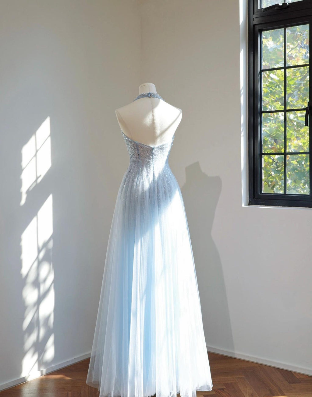 Light Blue Halter Tulle Evening Gown, Sparkle Beaded Deep V Formal Dress, Fairy Prom Dress, Wedding Guest Gown, Custom Long Maxi Dress