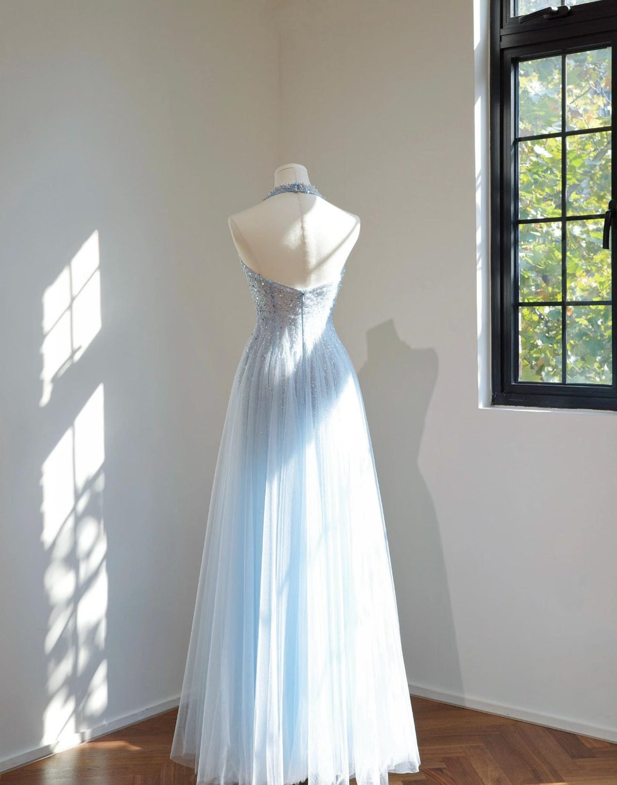 Light Blue Halter Tulle Evening Gown, Sparkle Beaded Deep V Formal Dress, Fairy Prom Dress, Wedding Guest Gown, Custom Long Maxi Dress