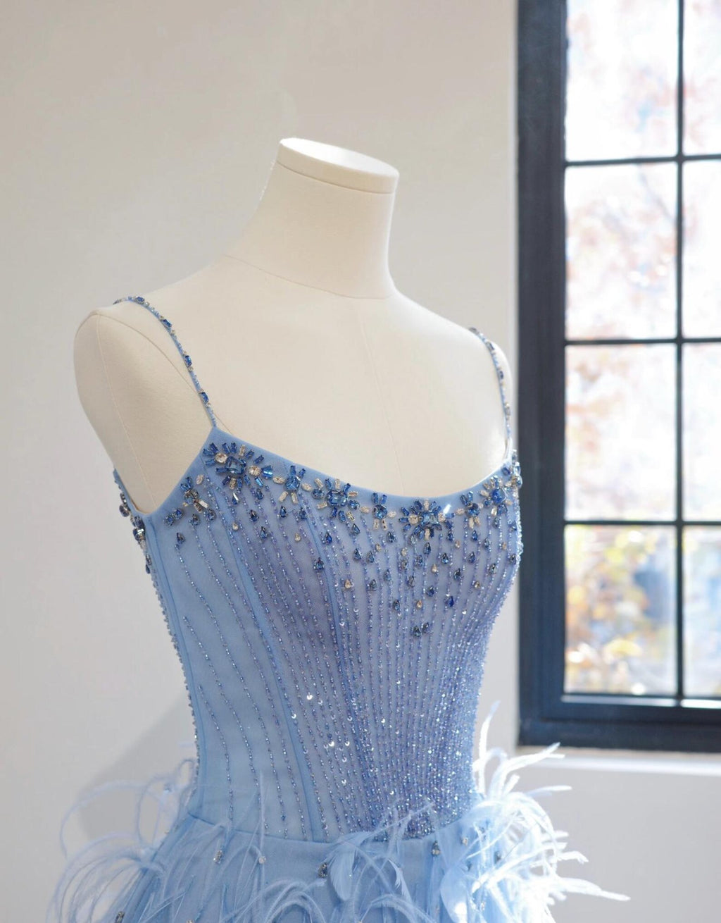 Light Blue Spaghetti Strap Feather Evening Gown, Hand Beaded Crystal Bodice Long Prom Dress, Luxury Formal Wedding Guest Gown
