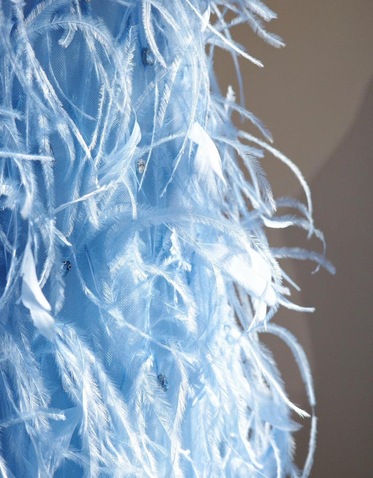 Light Blue Spaghetti Strap Feather Evening Gown, Hand Beaded Crystal Bodice Long Prom Dress, Luxury Formal Wedding Guest Gown