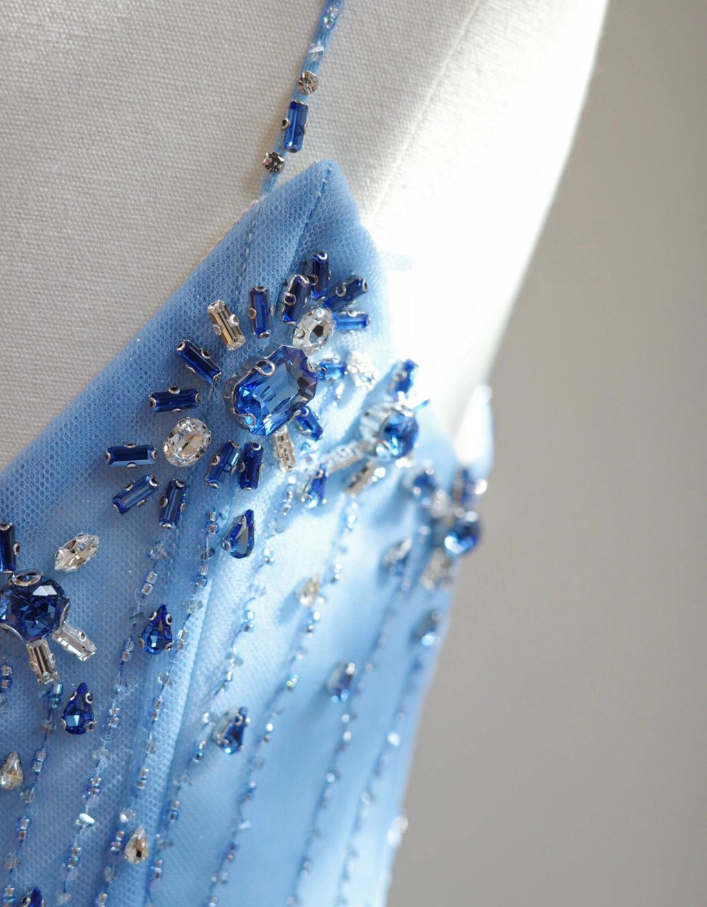Light Blue Spaghetti Strap Feather Evening Gown, Hand Beaded Crystal Bodice Long Prom Dress, Luxury Formal Wedding Guest Gown