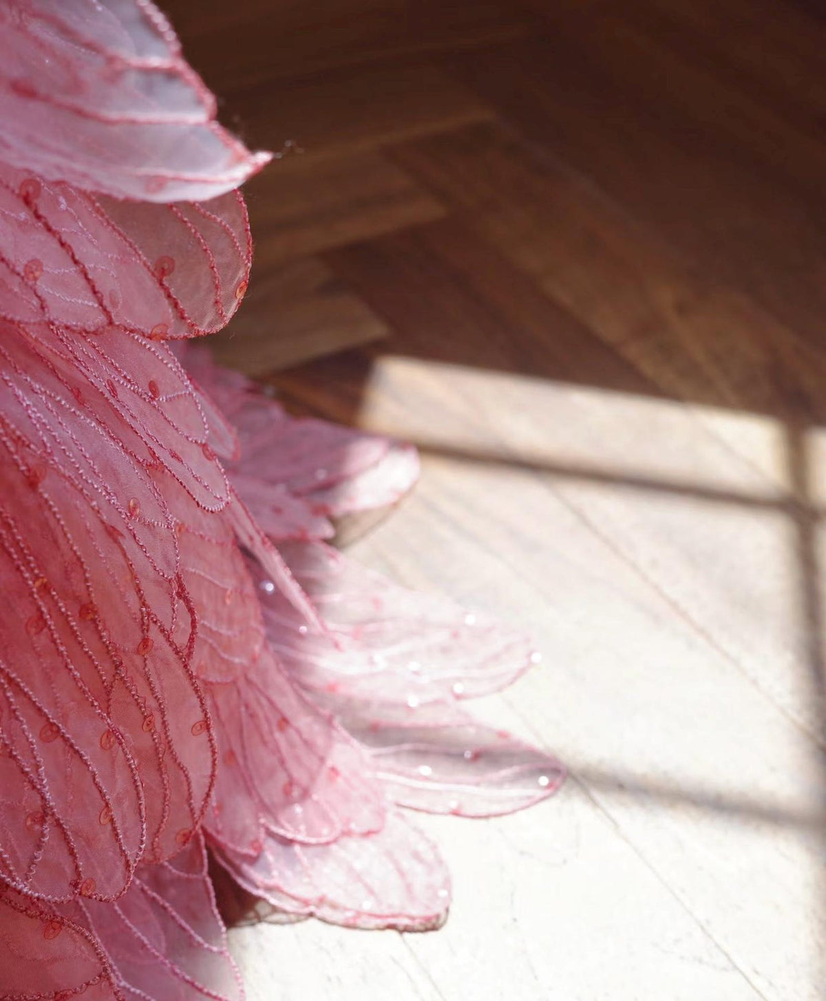 Blush Pink Strapless Mermaid Evening Gown, 3D Petal Lace Beaded Formal Dress, Fairy Long Prom & Wedding Guest Gown