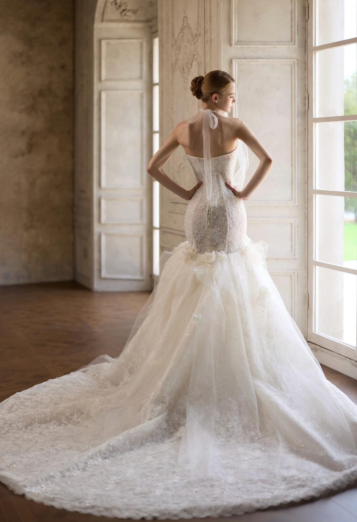 Off The Shoulder Lace Mermaid Wedding Dress with 3D Florals, Sparkly Tulle Bridal Gown with Chapel Train, Romantic Floral Wedding Gown