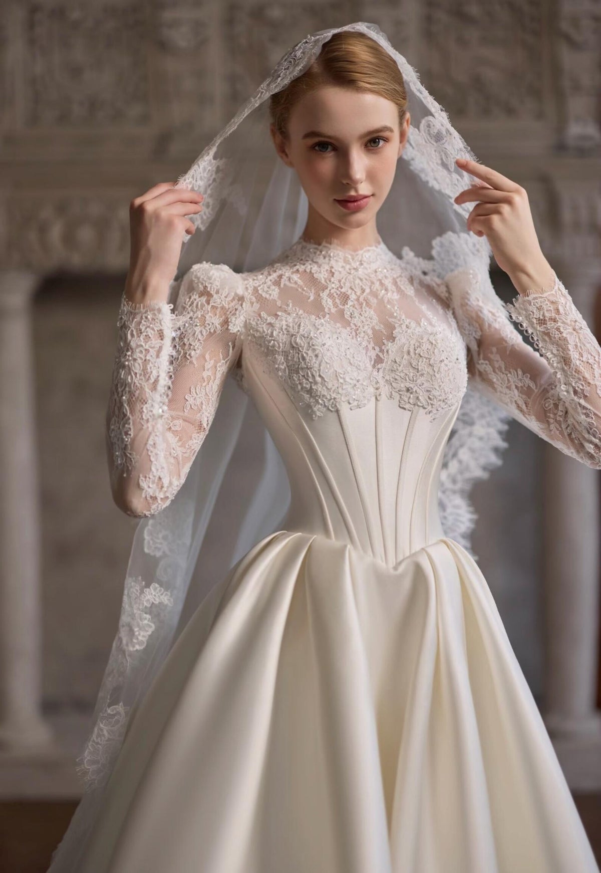 High Neck Illusion Lace Long Sleeve Satin Ballgown Wedding Dress, Corset Bodice Bridal Gown with Chapel Train, Vintage Royal Wedding Gown