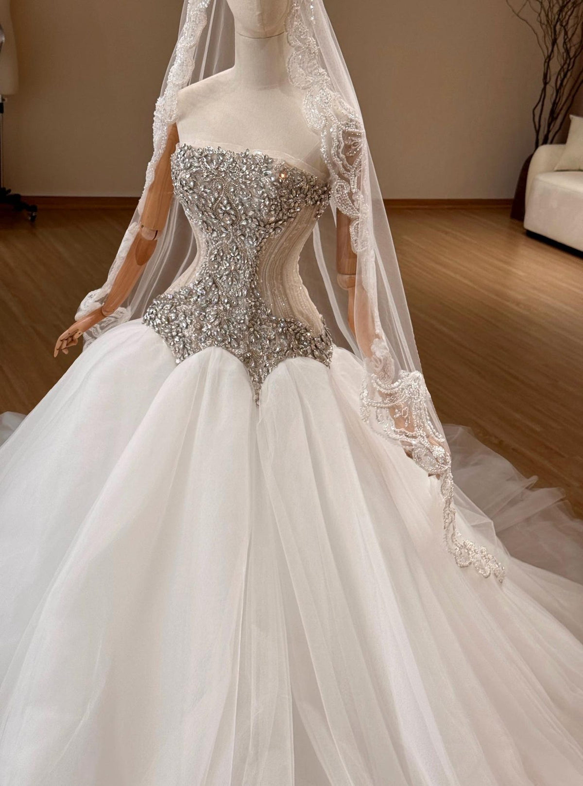 Strapless Beaded Crystal Ballgown Wedding Dress, Sparkly Tulle Bridal Gown With Train