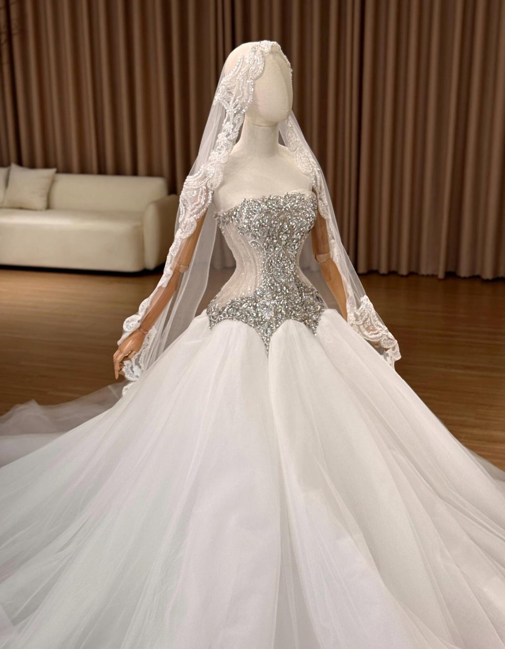 Strapless Beaded Crystal Ballgown Wedding Dress, Sparkly Tulle Bridal Gown With Train