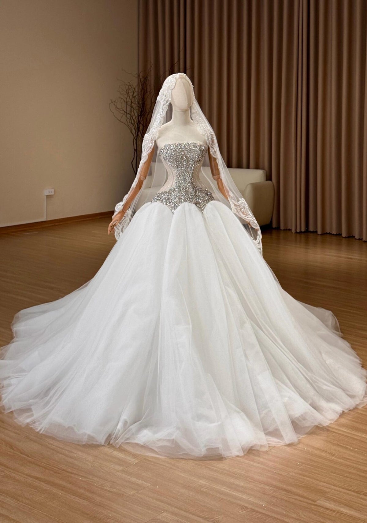 Strapless Beaded Crystal Ballgown Wedding Dress, Sparkly Tulle Bridal Gown With Train