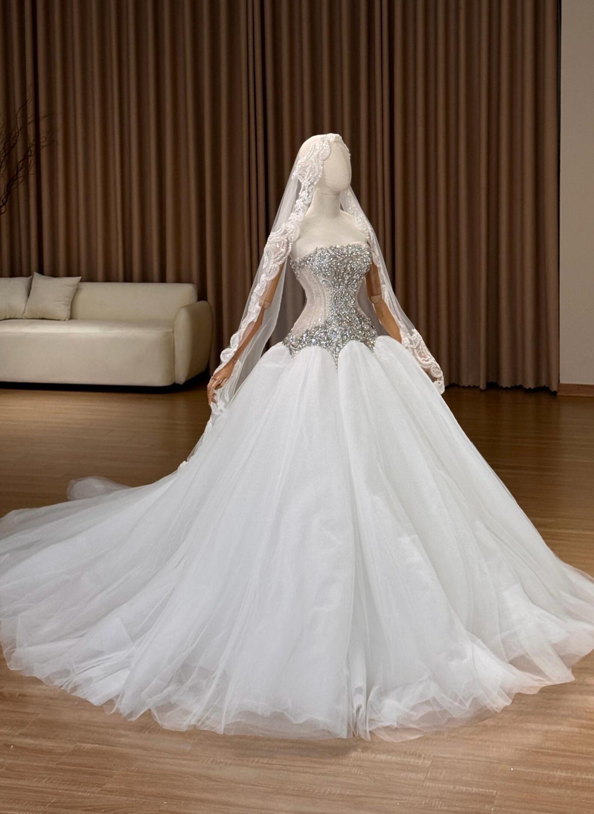 Strapless Beaded Crystal Ballgown Wedding Dress, Sparkly Tulle Bridal Gown With Train