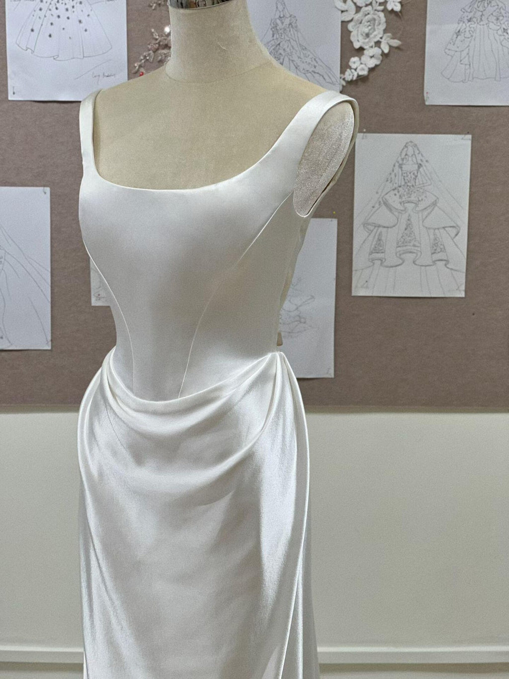 Square Neck Satin Mermaid Wedding Dress, Minimalist Draped Bridal Gown With Train