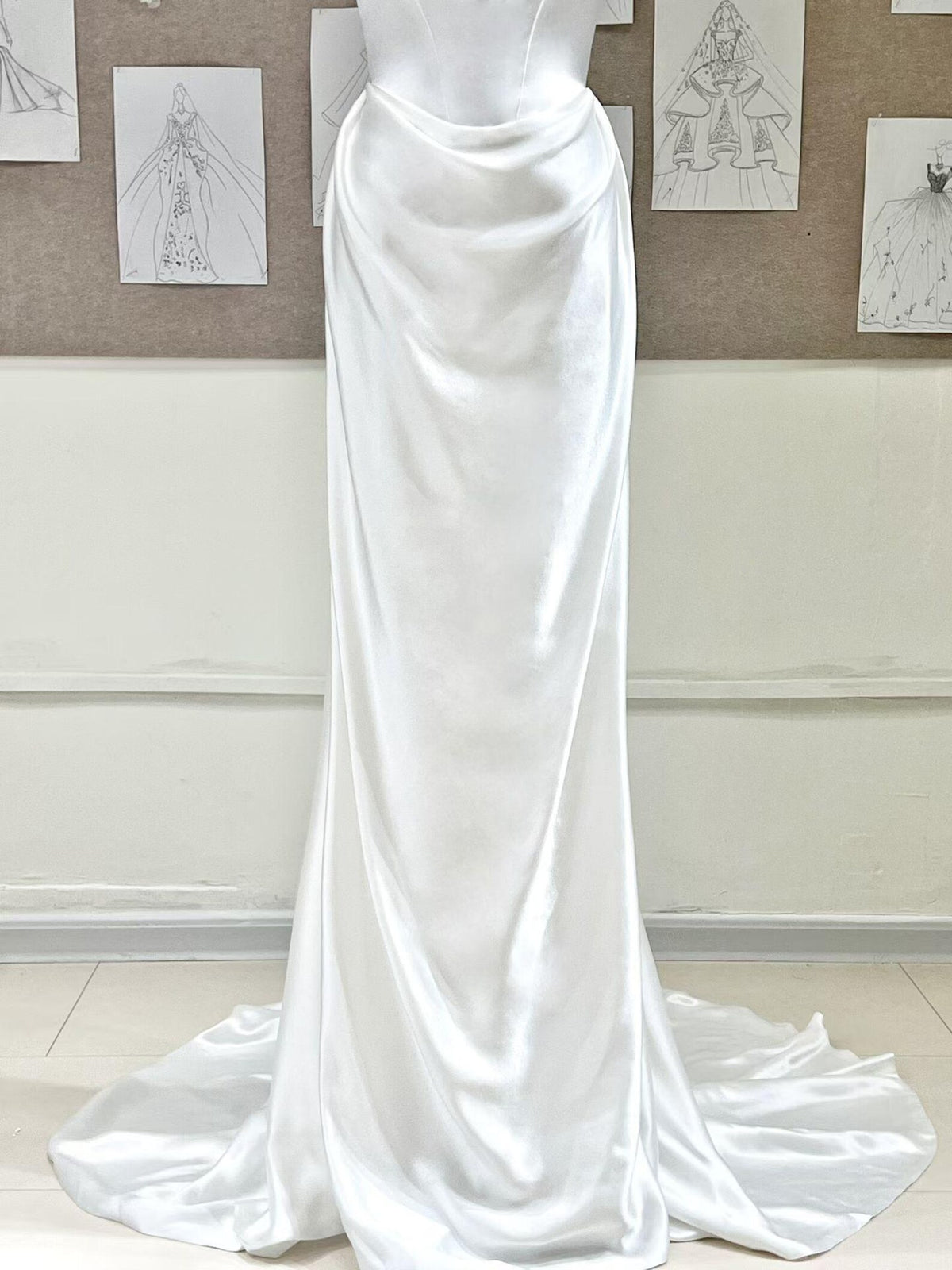Square Neck Satin Mermaid Wedding Dress, Minimalist Draped Bridal Gown With Train