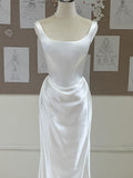 Square Neck Satin Mermaid Wedding Dress, Minimalist Draped Bridal Gown With Train