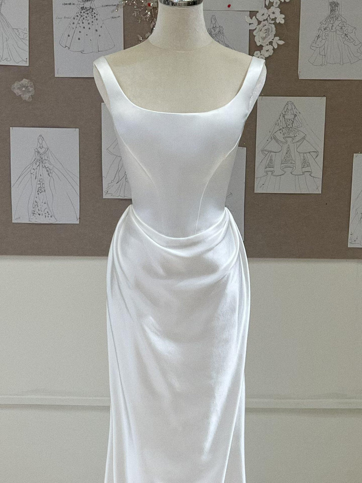Square Neck Satin Mermaid Wedding Dress, Minimalist Draped Bridal Gown With Train