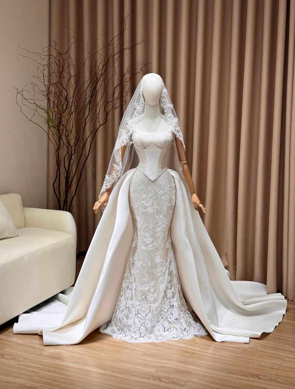 Detachable Overskirt Lace Mermaid Wedding Dress, Corset Bridal Gown With Train