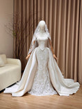 Detachable Overskirt Lace Mermaid Wedding Dress, Corset Bridal Gown With Train