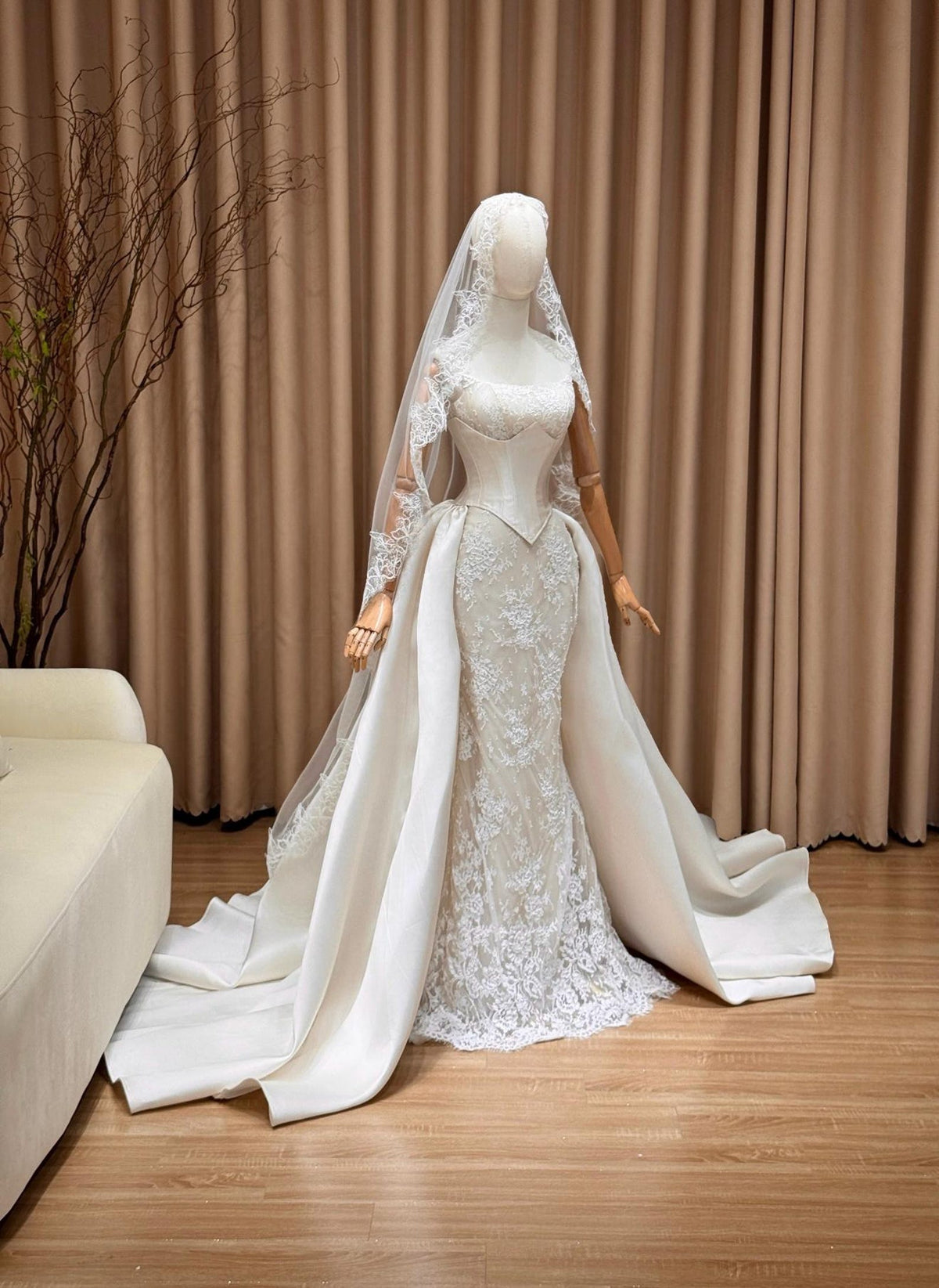 Detachable Overskirt Lace Mermaid Wedding Dress, Corset Bridal Gown With Train