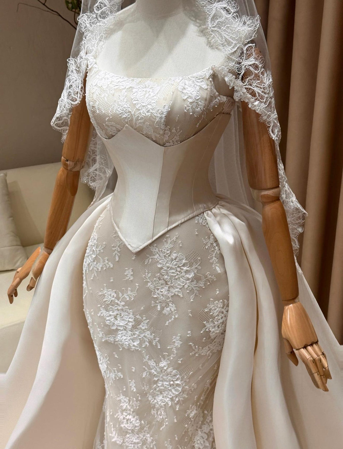 Detachable Overskirt Lace Mermaid Wedding Dress, Corset Bridal Gown With Train