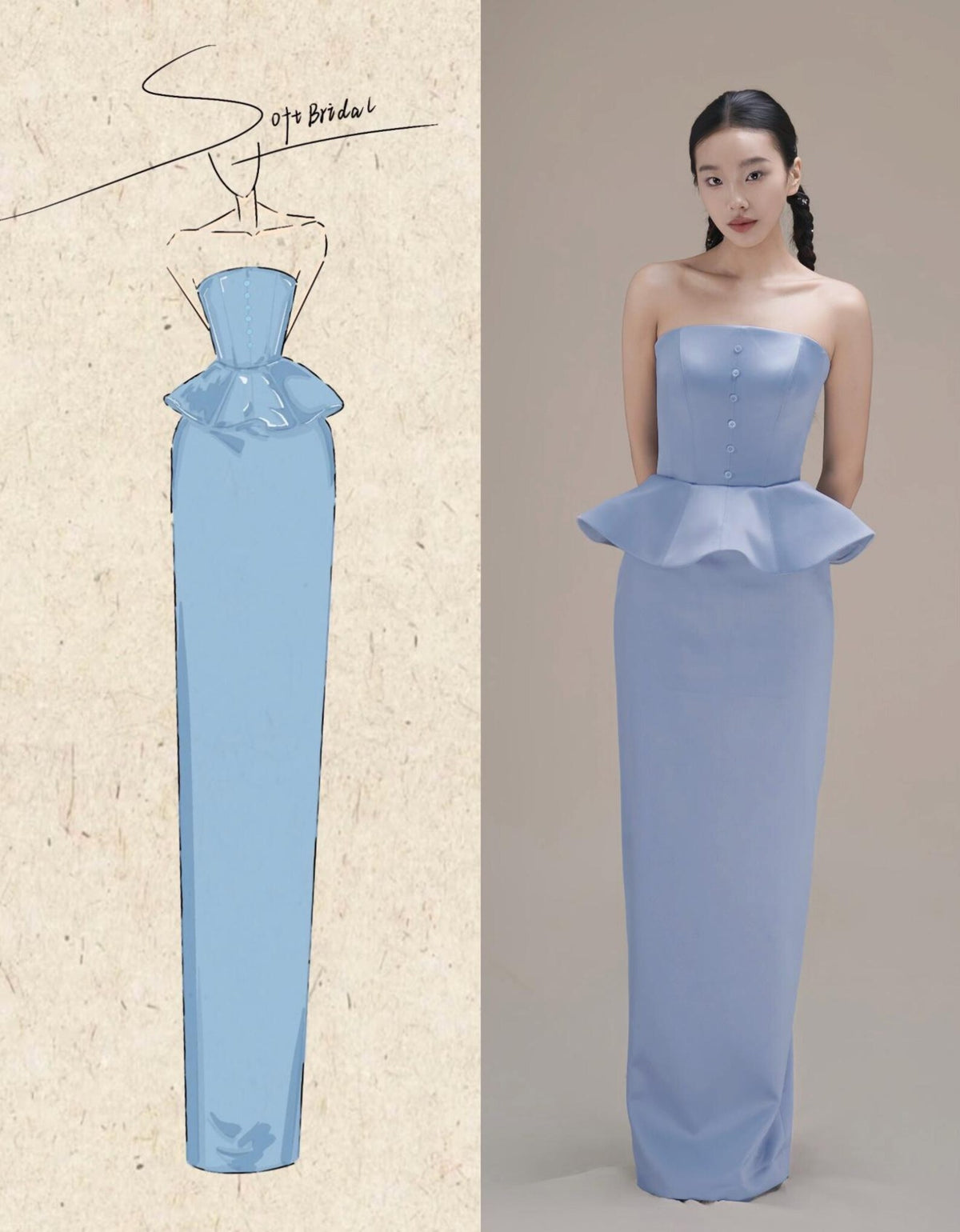 Strapless Dusty Blue Satin Evening Gown, Peplum Waist Slim Formal Maxi Dress