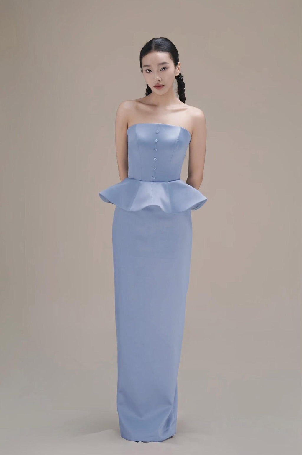 Strapless Dusty Blue Satin Evening Gown, Peplum Waist Slim Formal Maxi Dress