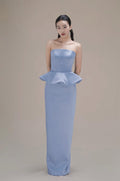 Strapless Dusty Blue Satin Evening Gown, Peplum Waist Slim Formal Maxi Dress