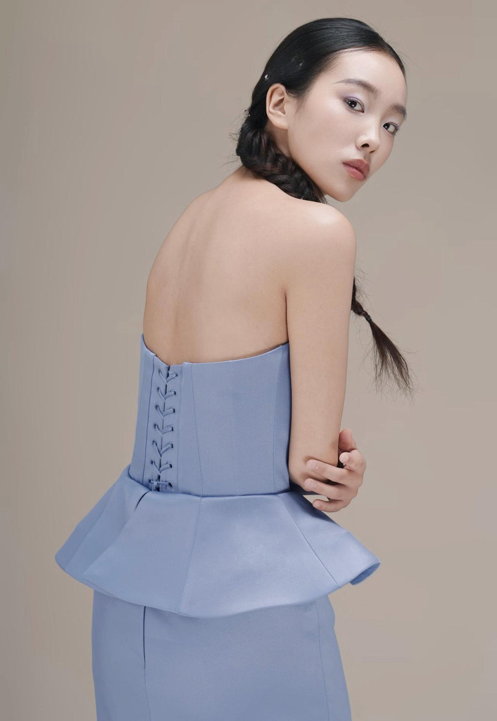 Strapless Dusty Blue Satin Evening Gown, Peplum Waist Slim Formal Maxi Dress