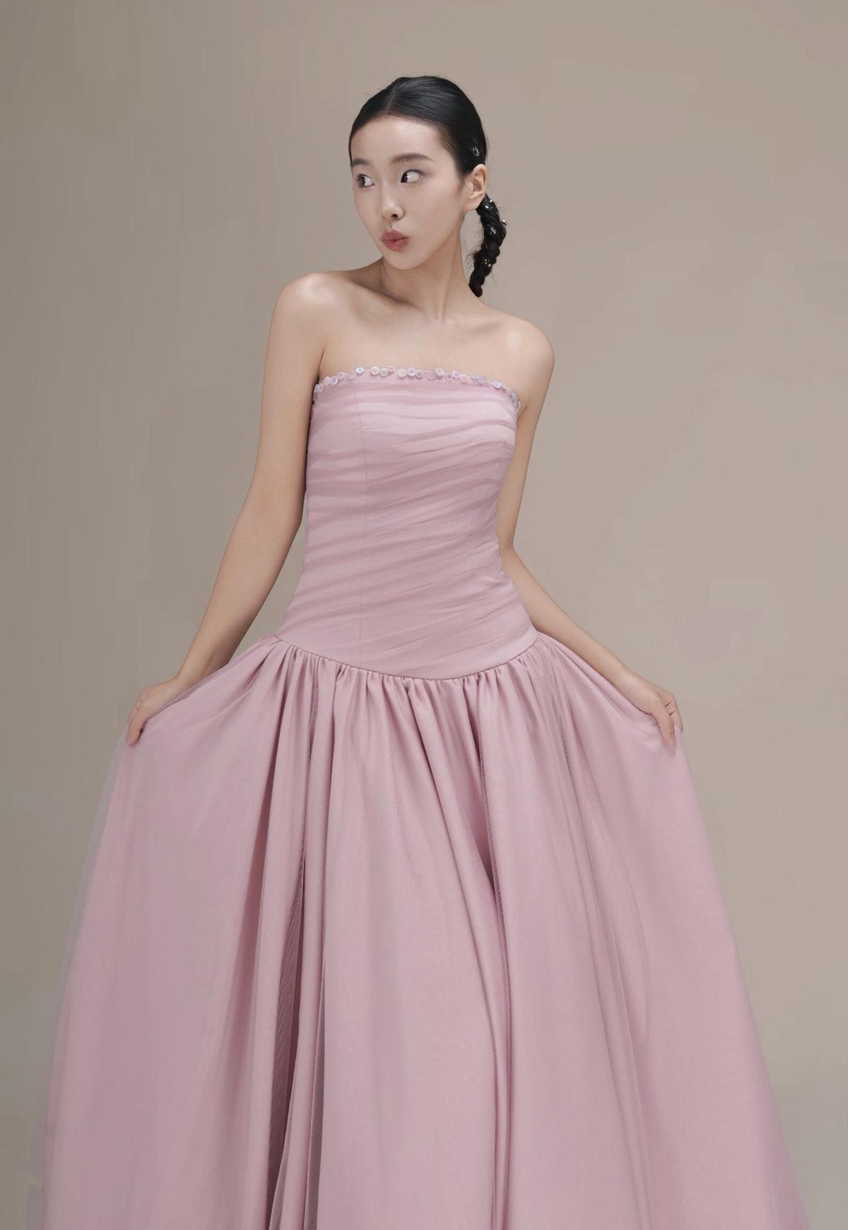 Strapless Dusty Pink Evening Gown, Ruched Bodice Voluminous Ballgown Formal Dress