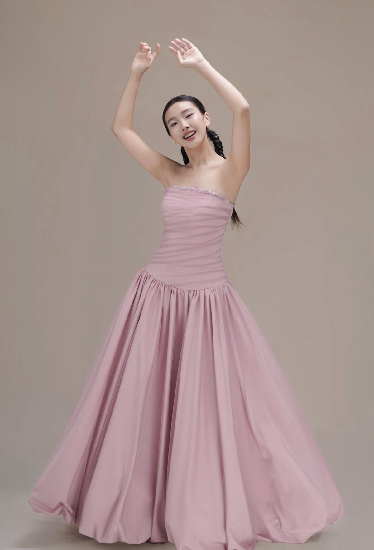 Strapless Dusty Pink Evening Gown, Ruched Bodice Voluminous Ballgown Formal Dress