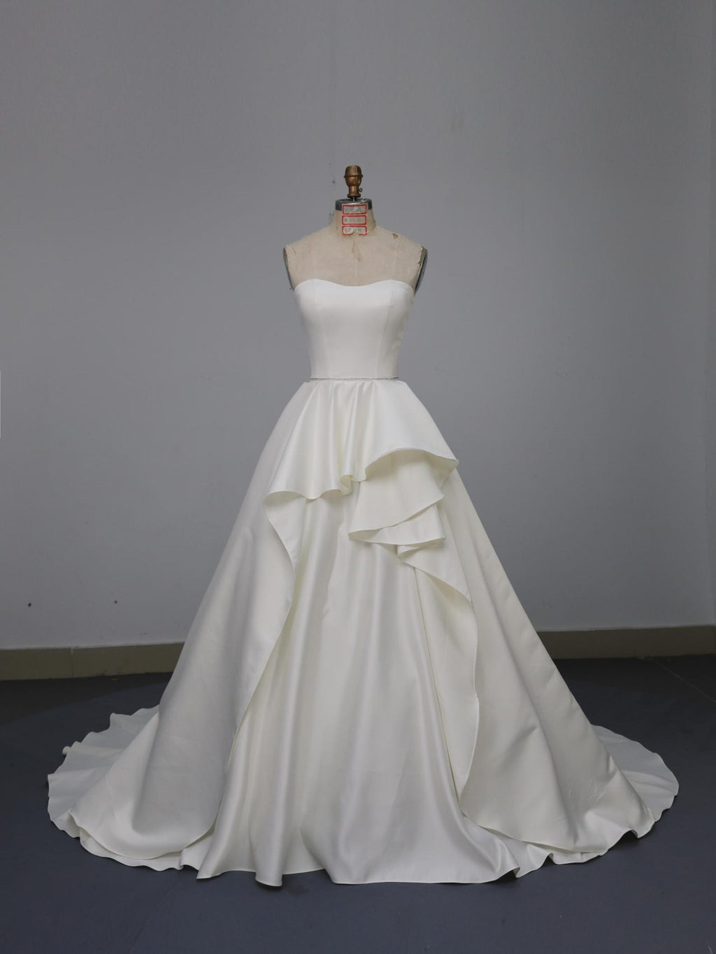 Strapless Satin A-Line Wedding Dress, Ruffle Skirt Chapel Train Bridal Gown