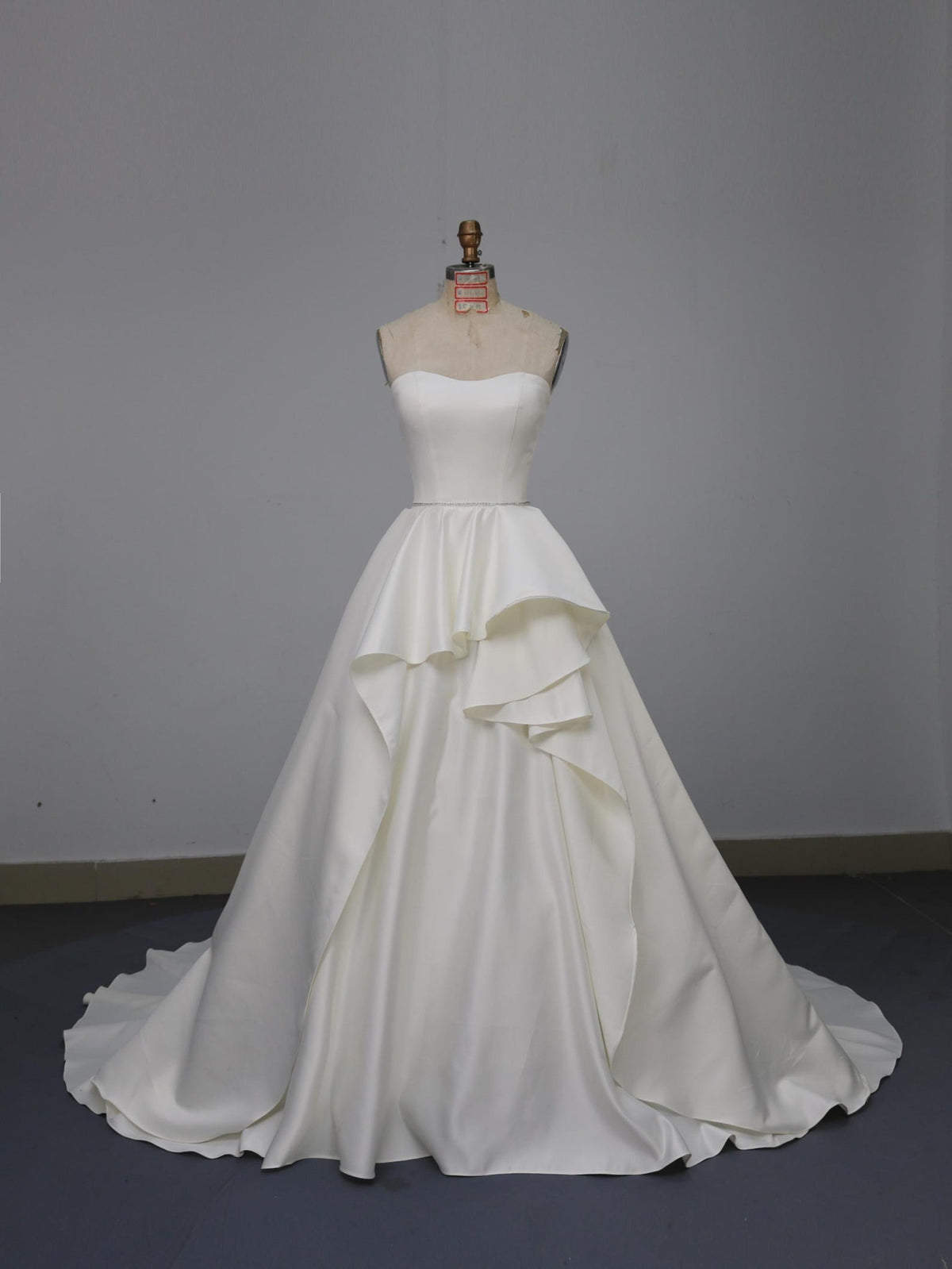 Strapless Satin A-Line Wedding Dress, Ruffle Skirt Chapel Train Bridal Gown