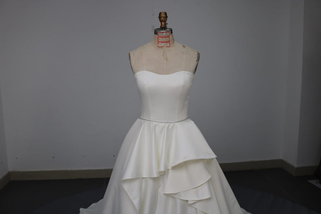 Strapless Satin A-Line Wedding Dress, Ruffle Skirt Chapel Train Bridal Gown