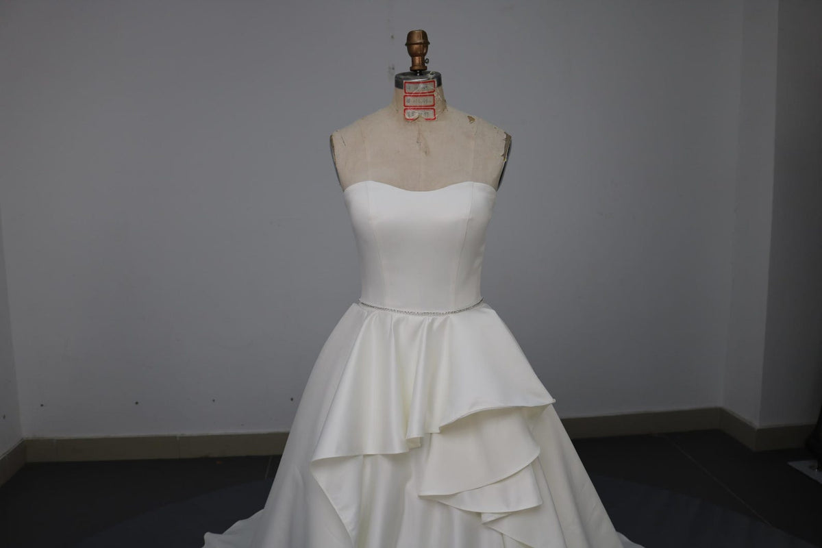 Strapless Satin A-Line Wedding Dress, Ruffle Skirt Chapel Train Bridal Gown