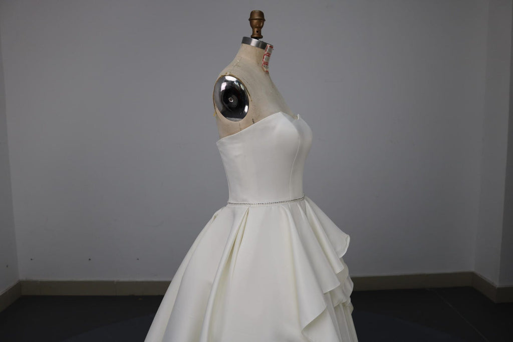 Strapless Satin A-Line Wedding Dress, Ruffle Skirt Chapel Train Bridal Gown