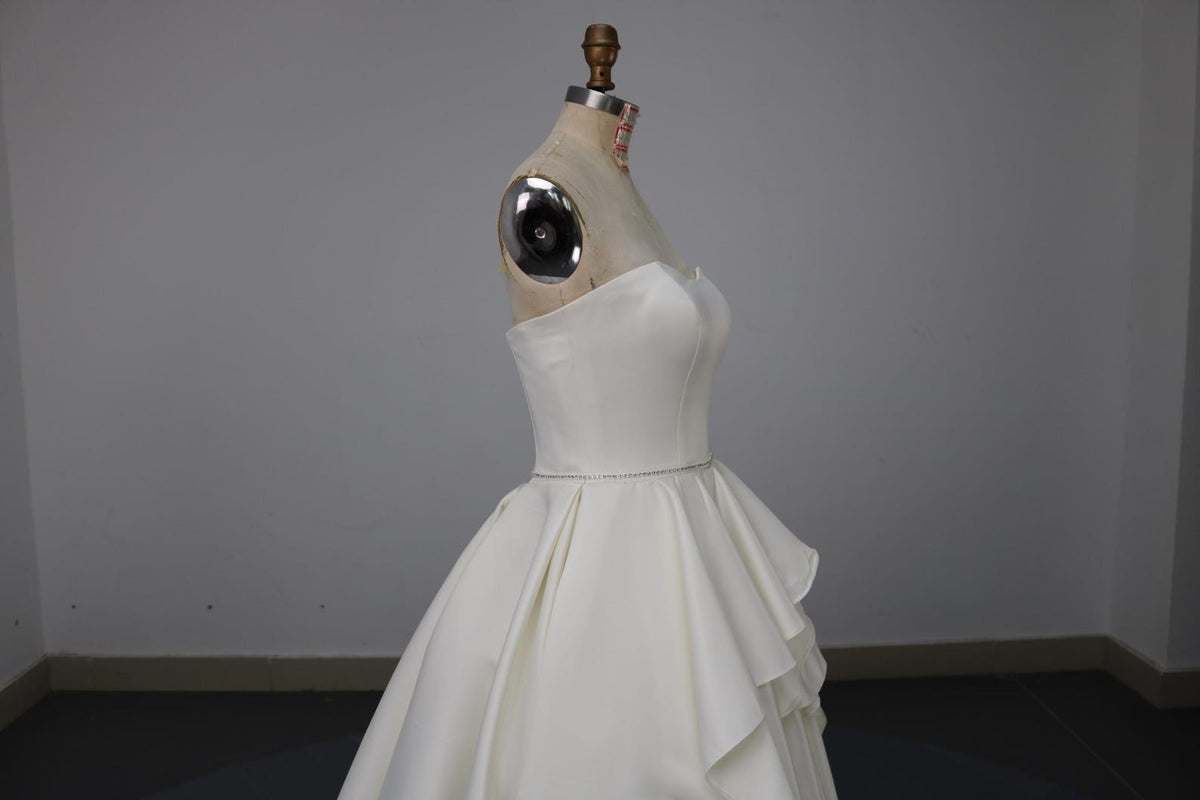 Strapless Satin A-Line Wedding Dress, Ruffle Skirt Chapel Train Bridal Gown