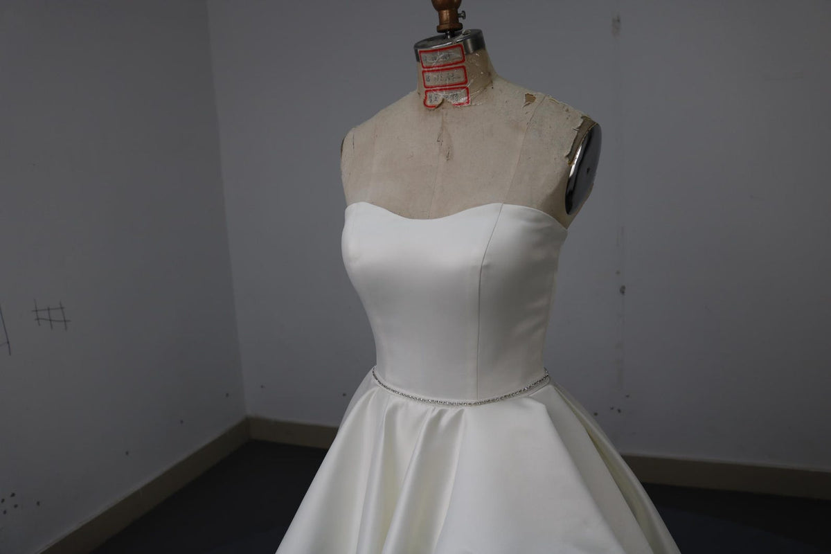 Strapless Satin A-Line Wedding Dress, Ruffle Skirt Chapel Train Bridal Gown