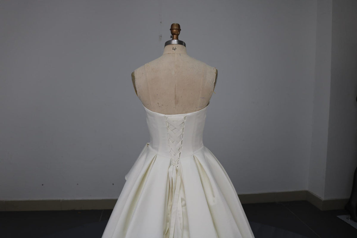Strapless Satin A-Line Wedding Dress, Ruffle Skirt Chapel Train Bridal Gown