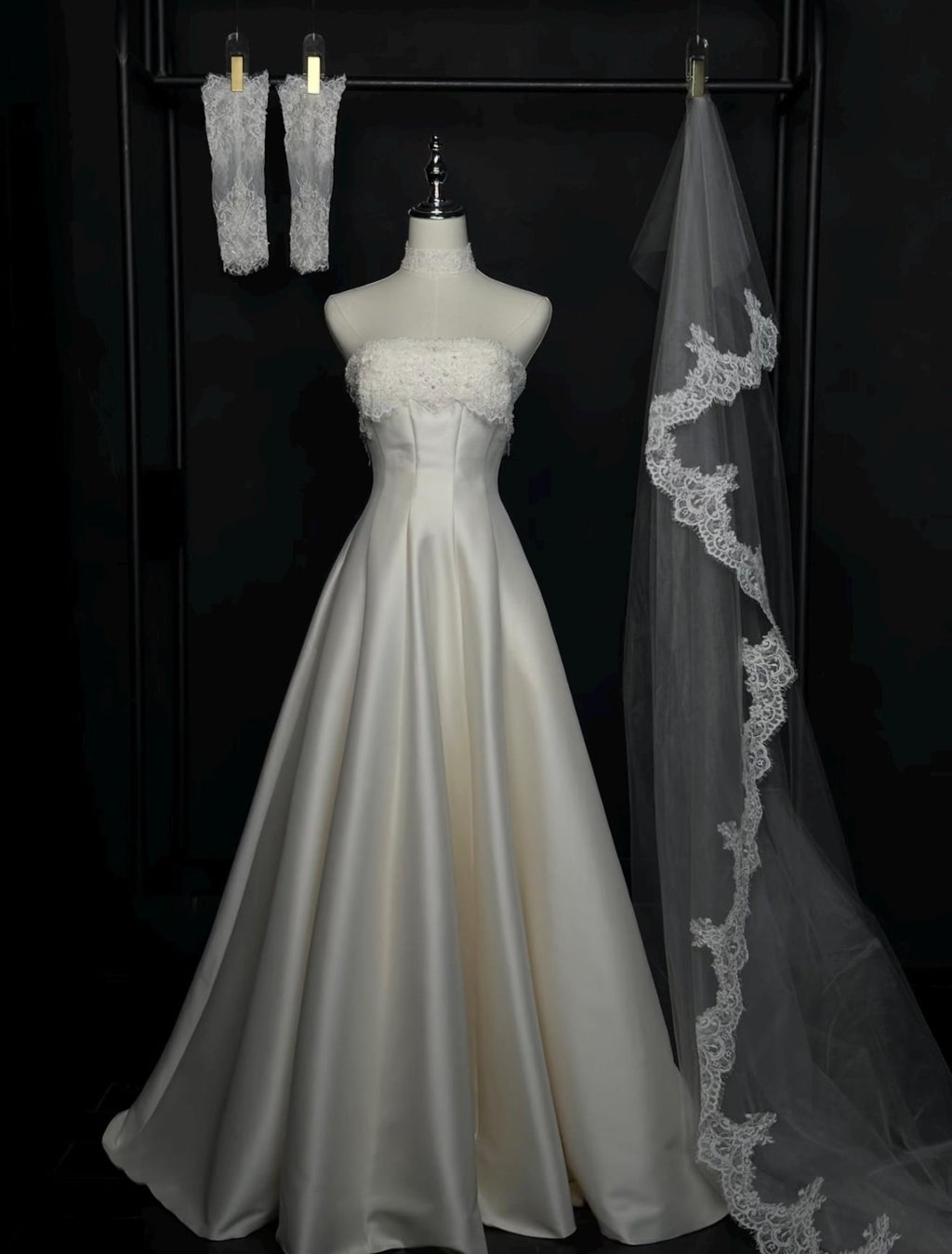 Strapless Lace‑Trim Satin Ballgown Wedding Dress, Pockets Voluminous Bridal Gown With Train