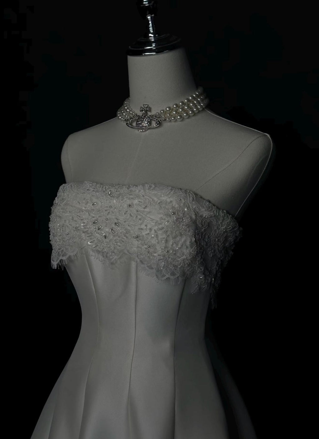Strapless Lace‑Trim Satin Ballgown Wedding Dress, Pockets Voluminous Bridal Gown With Train