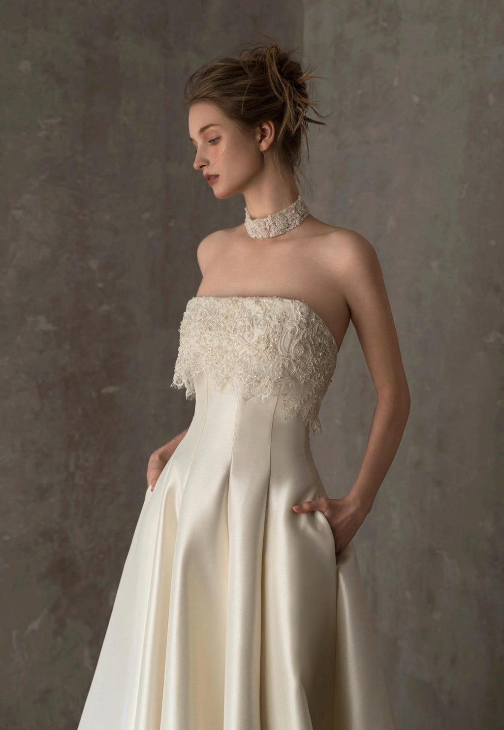 Strapless Lace‑Trim Satin Ballgown Wedding Dress, Pockets Voluminous Bridal Gown With Train