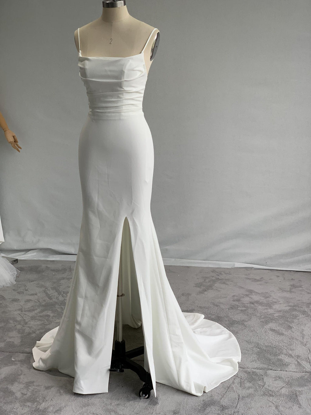 Spaghetti Strap Mermaid Wedding Dress, Slit Ruched Bridal Gown