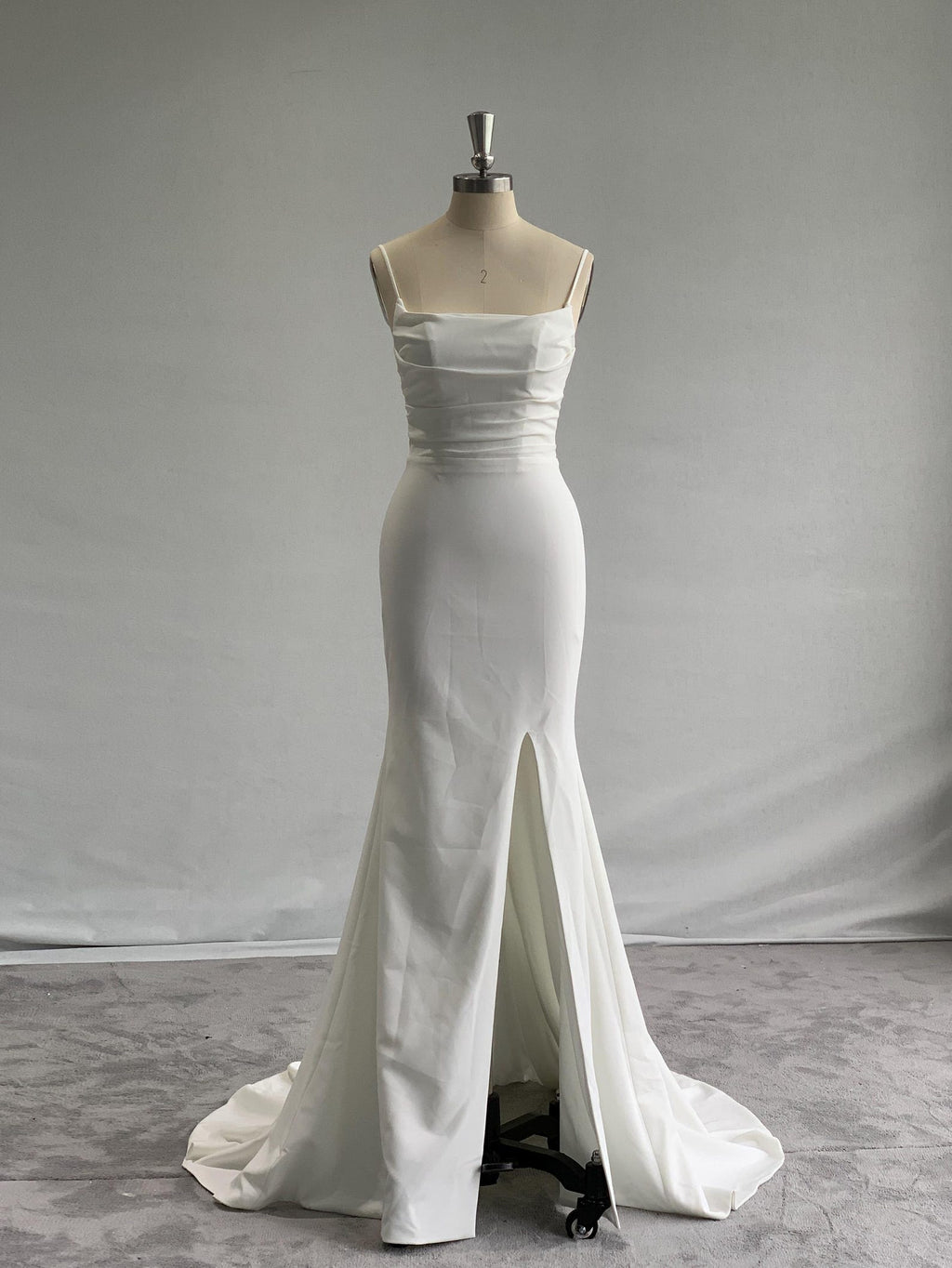 Spaghetti Strap Mermaid Wedding Dress, Slit Ruched Bridal Gown