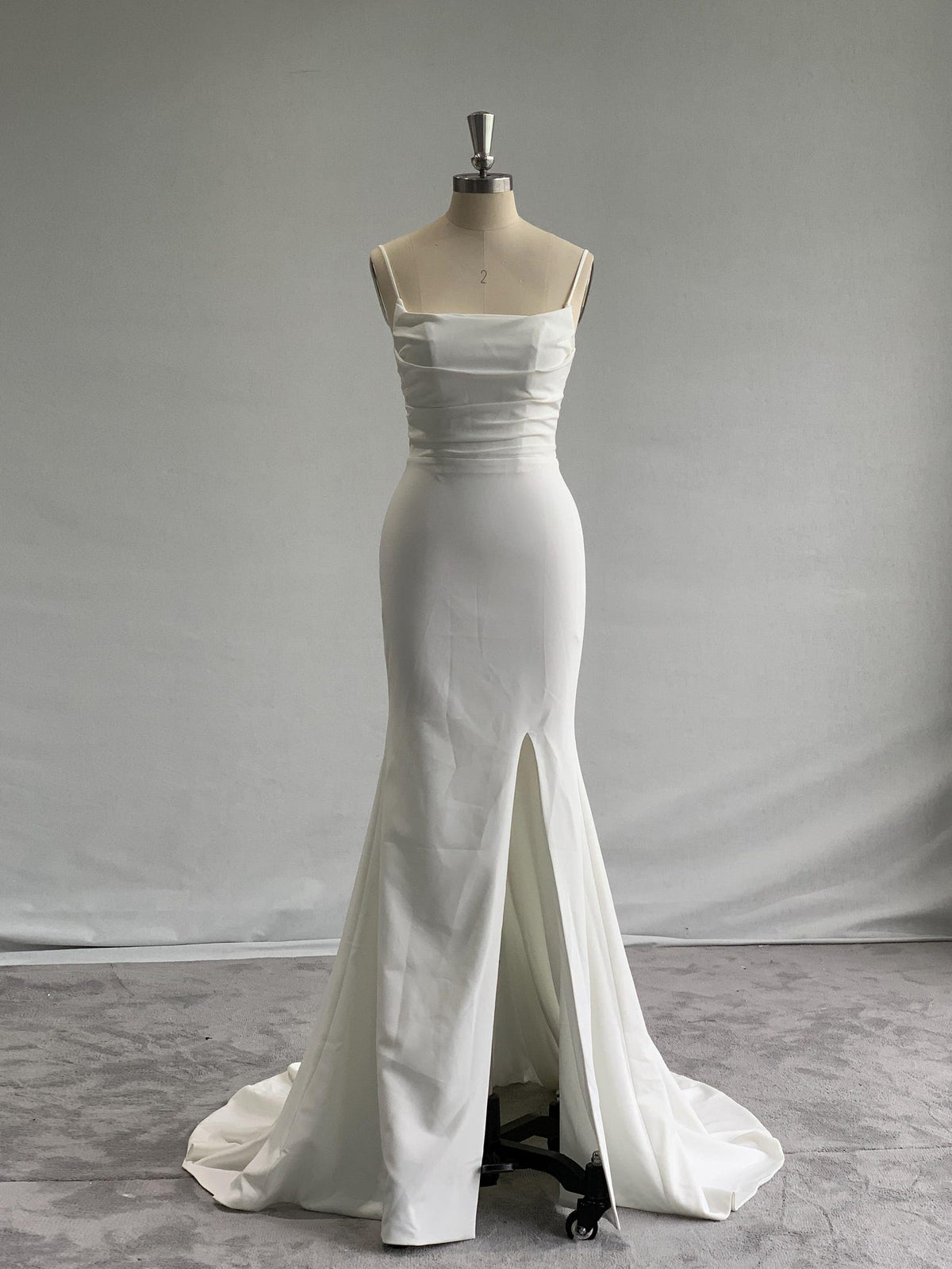 Spaghetti Strap Mermaid Wedding Dress, Slit Ruched Bridal Gown