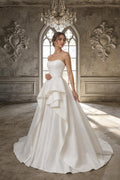 Strapless Satin A-Line Wedding Dress, Ruffle Skirt Chapel Train Bridal Gown