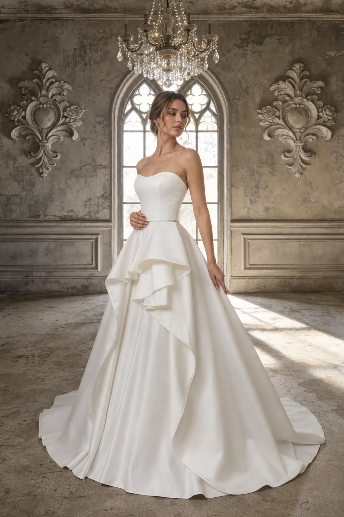 Strapless Satin A-Line Wedding Dress, Ruffle Skirt Chapel Train Bridal Gown