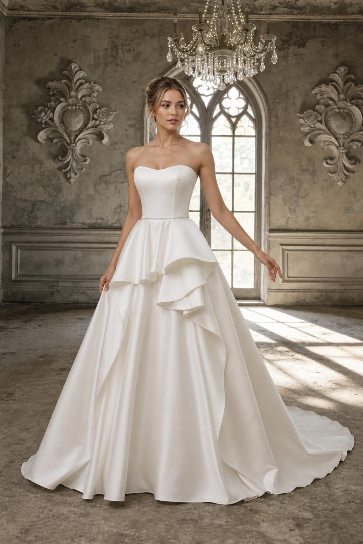 Strapless Satin A-Line Wedding Dress, Ruffle Skirt Chapel Train Bridal Gown