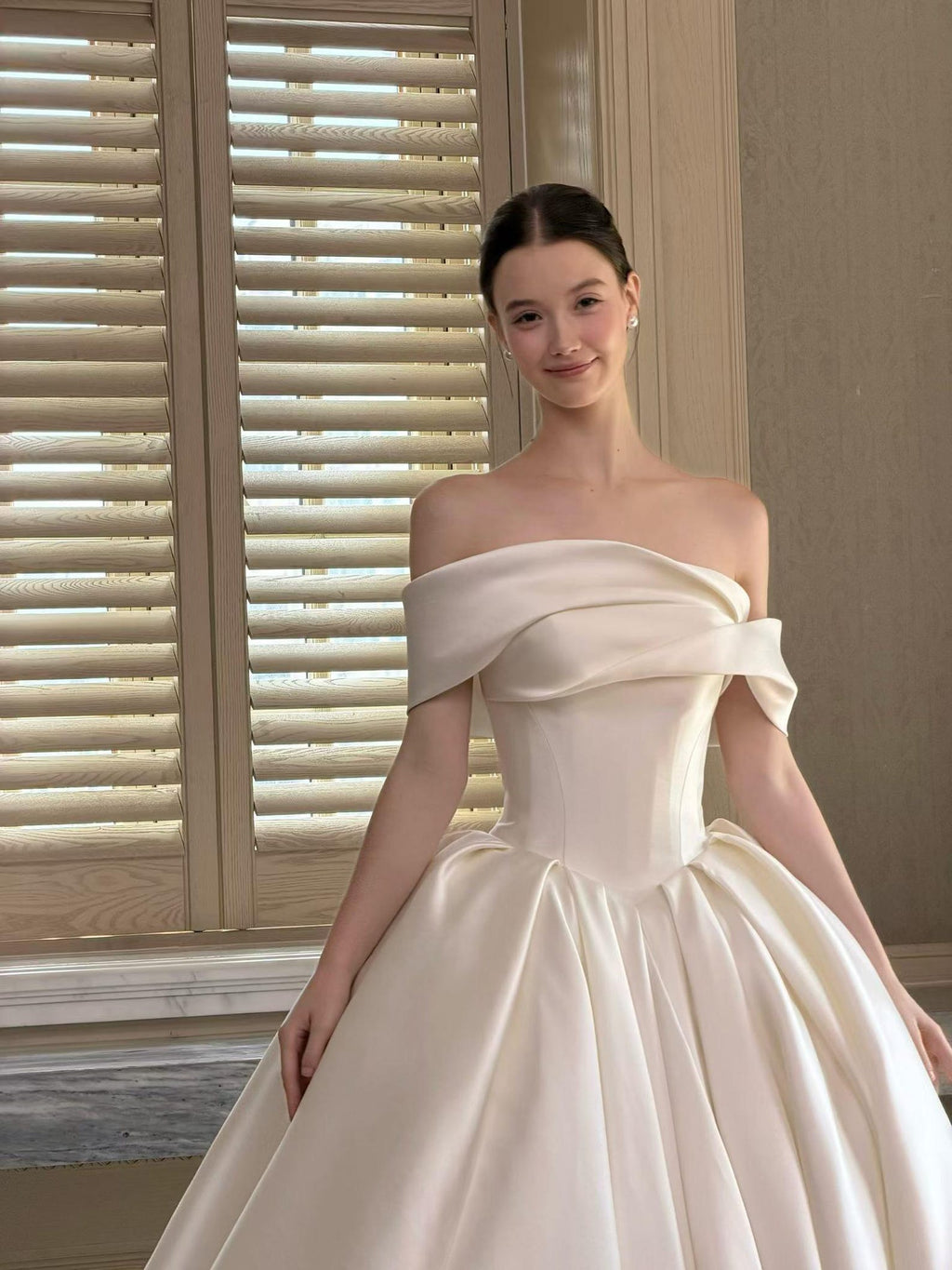 Off Shoulder Satin Ball Gown Wedding Dress, Draped Fold Neckline Bridal Gown, Luxury Ivory Wedding Gown with Train